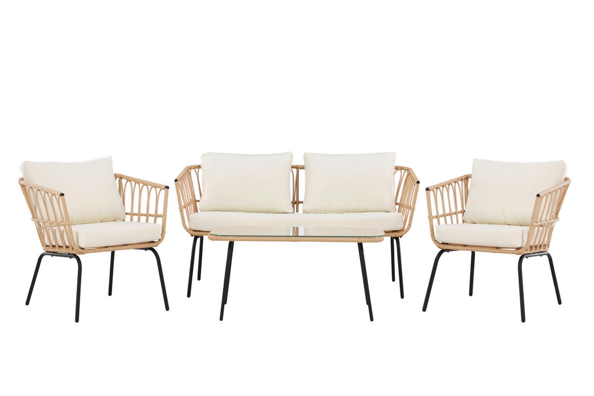 LOUNGEGARNITUR Stahl  - Schwarz/Naturfarben, MODERN, Glas/Textil (142/72/71,5cm) - Gardenson