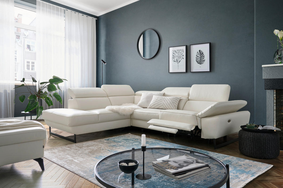 ECKSOFA in Echtleder Weiss  - Weiss/Schwarz, Modern, Leder/Metall (225/281cm) - Celina Home