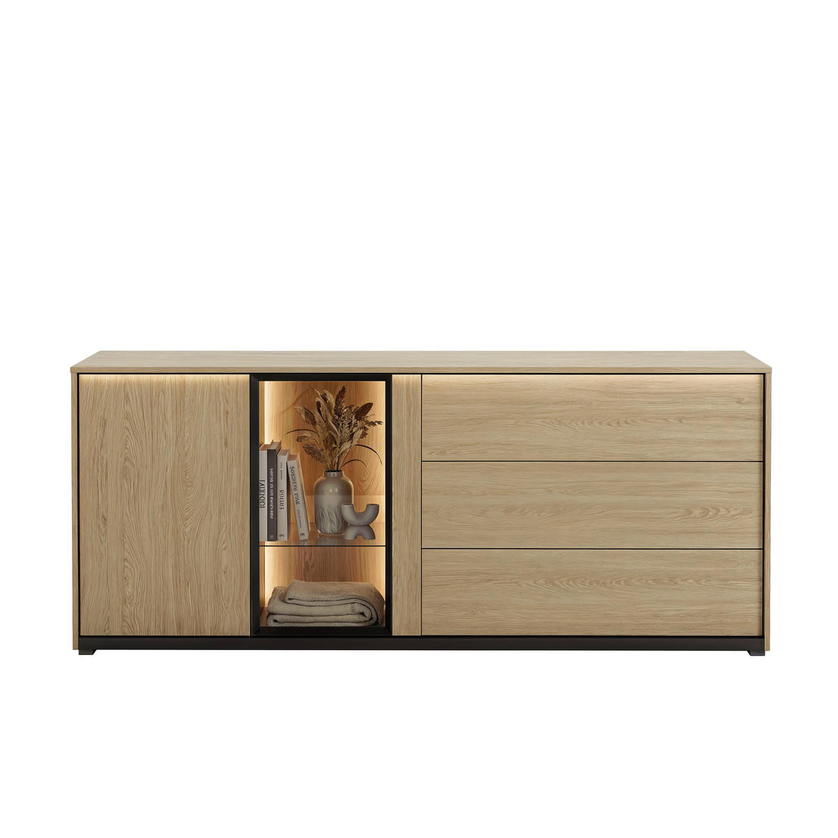 SIDEBOARD FRAME 195/82/40 cm 3 Schublade(n)  - Eichefarben/Schwarz, Modern, Glas/Holzwerkstoff (195/82/40cm) - Stylife
