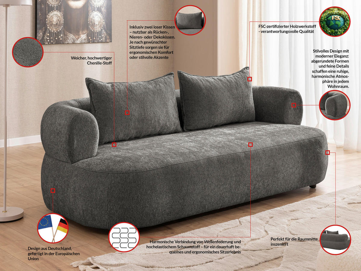 3-SITZER-SOFA Chenille Anthrazit  - Anthrazit/Schwarz, Design, Kunststoff/Textil (200/76/96cm) - Livetastic