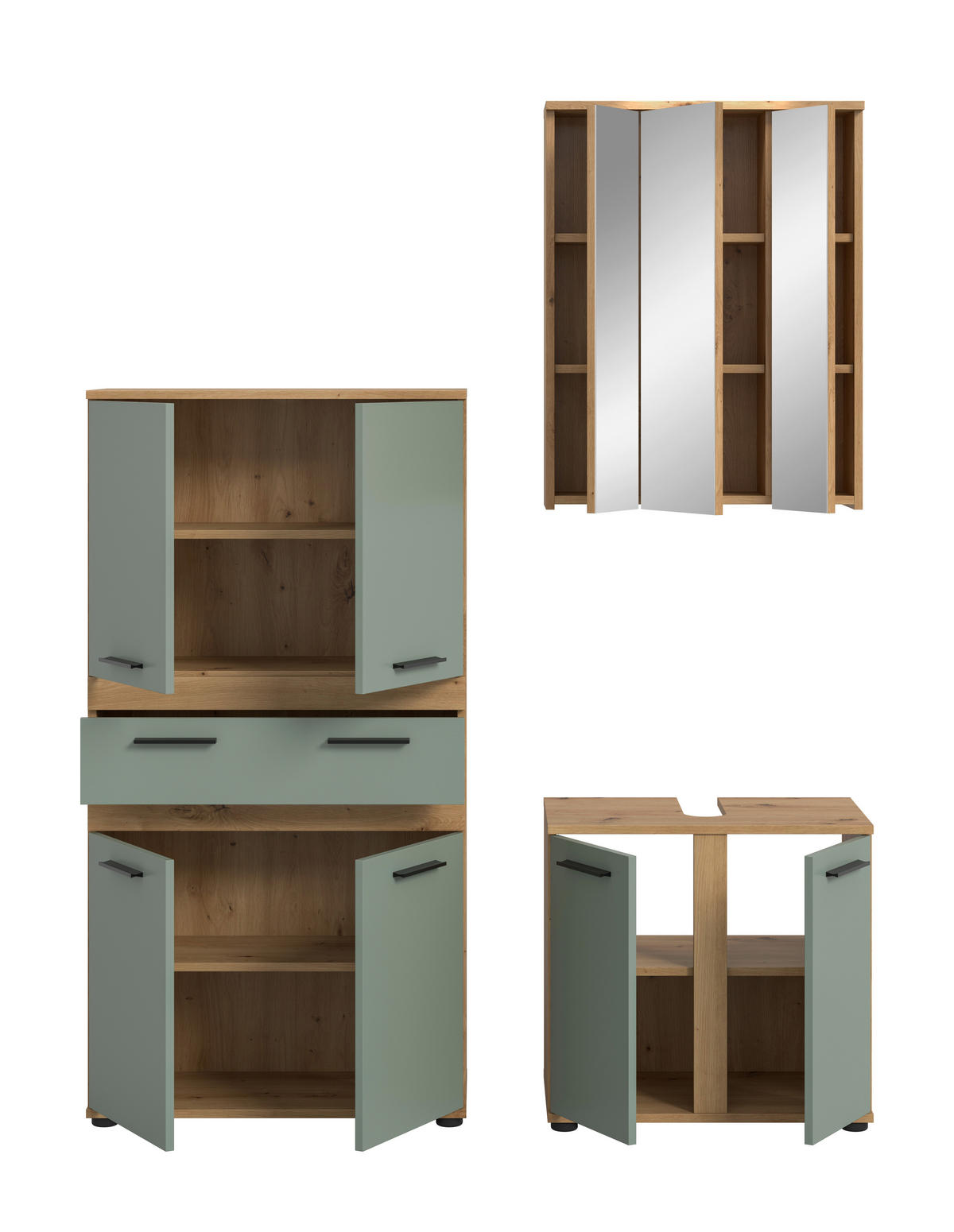 BADEZIMMER 3-teilig  in 145 cm  - Salbeigrün/Schwarz, Trend, Glas/Holzwerkstoff (145cm) - MID.YOU