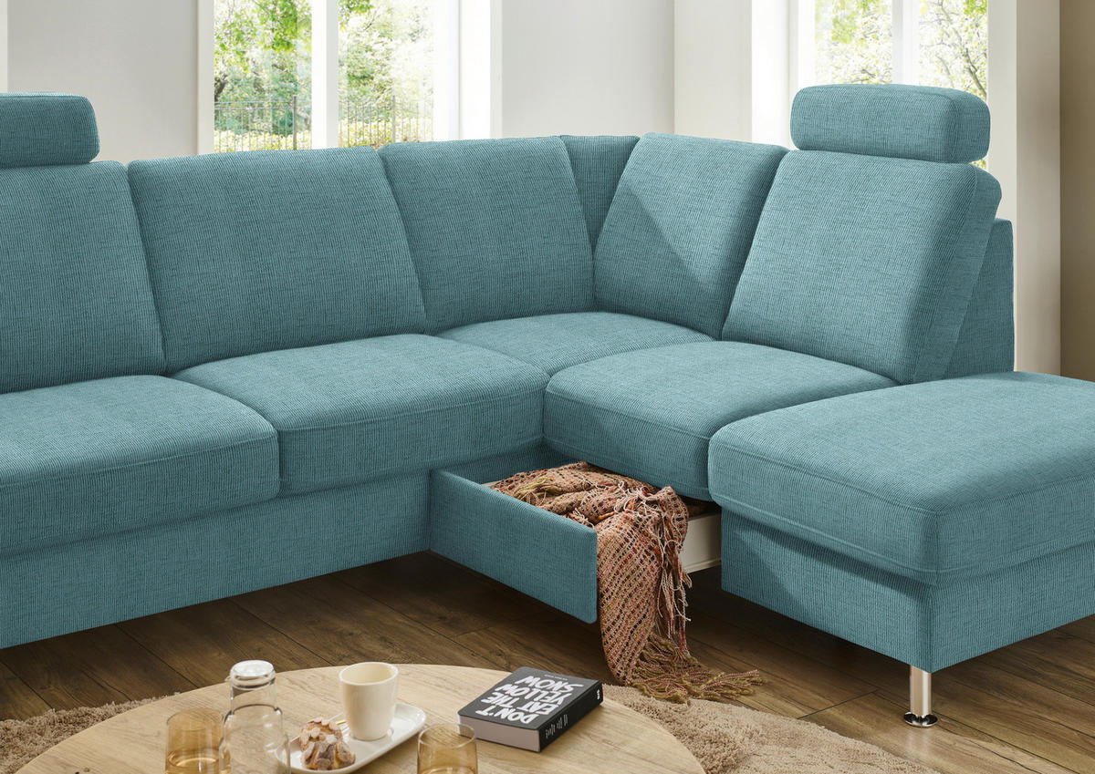ECKSOFA in Webstoff Türkis  - Türkis/Alufarben, Konventionell, Textil/Metall (241/200cm) - Beldomo System