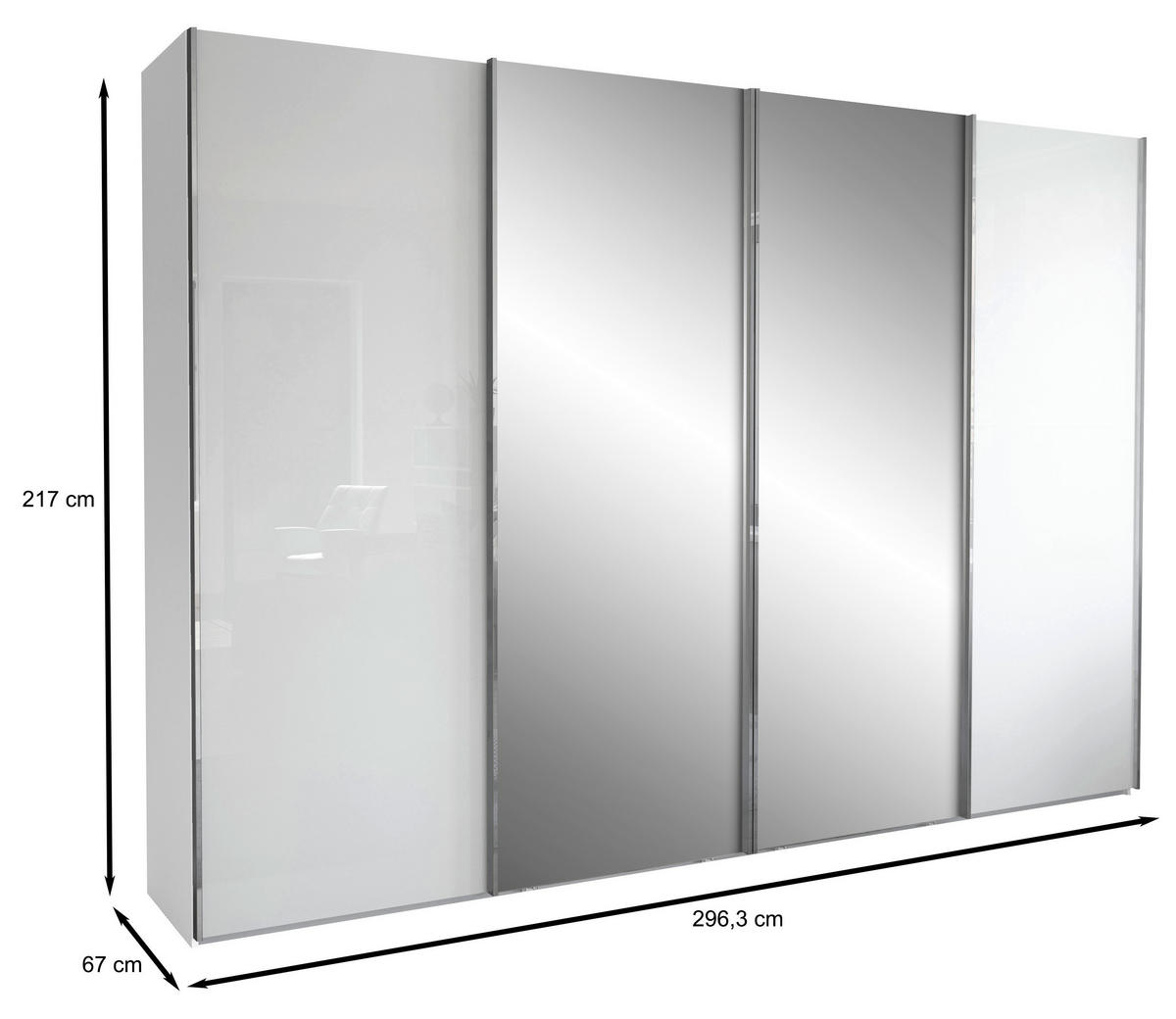 SCHWEBETÜRENSCHRANK 300/217/67 cm 4-türig Weiß  - Chromfarben/Weiß, KONVENTIONELL, Glas/Holzwerkstoff (300/217/67cm) - Dieter Knoll