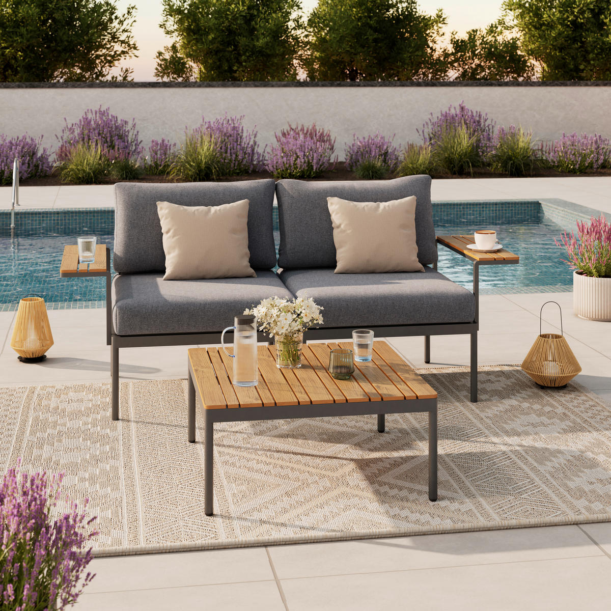 LOUNGEGARNITUR 3-teilig   85/64.5/71.5 cm Stahl  - Dunkelgrau/Naturfarben, MODERN, Kunststoff/Textil (85/64.5/71.5cm) - Ambia Garden