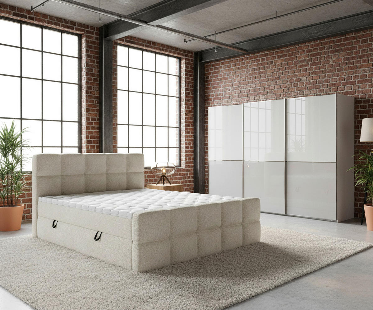 BOXBETT 140/200 cm,  in Beige, gepolstertes Kopfteil, Bettkasten, Topper, H3 = fest  - Beige/Schwarz, Design, Holzwerkstoff/Kunststoff (140/200cm) - Xora