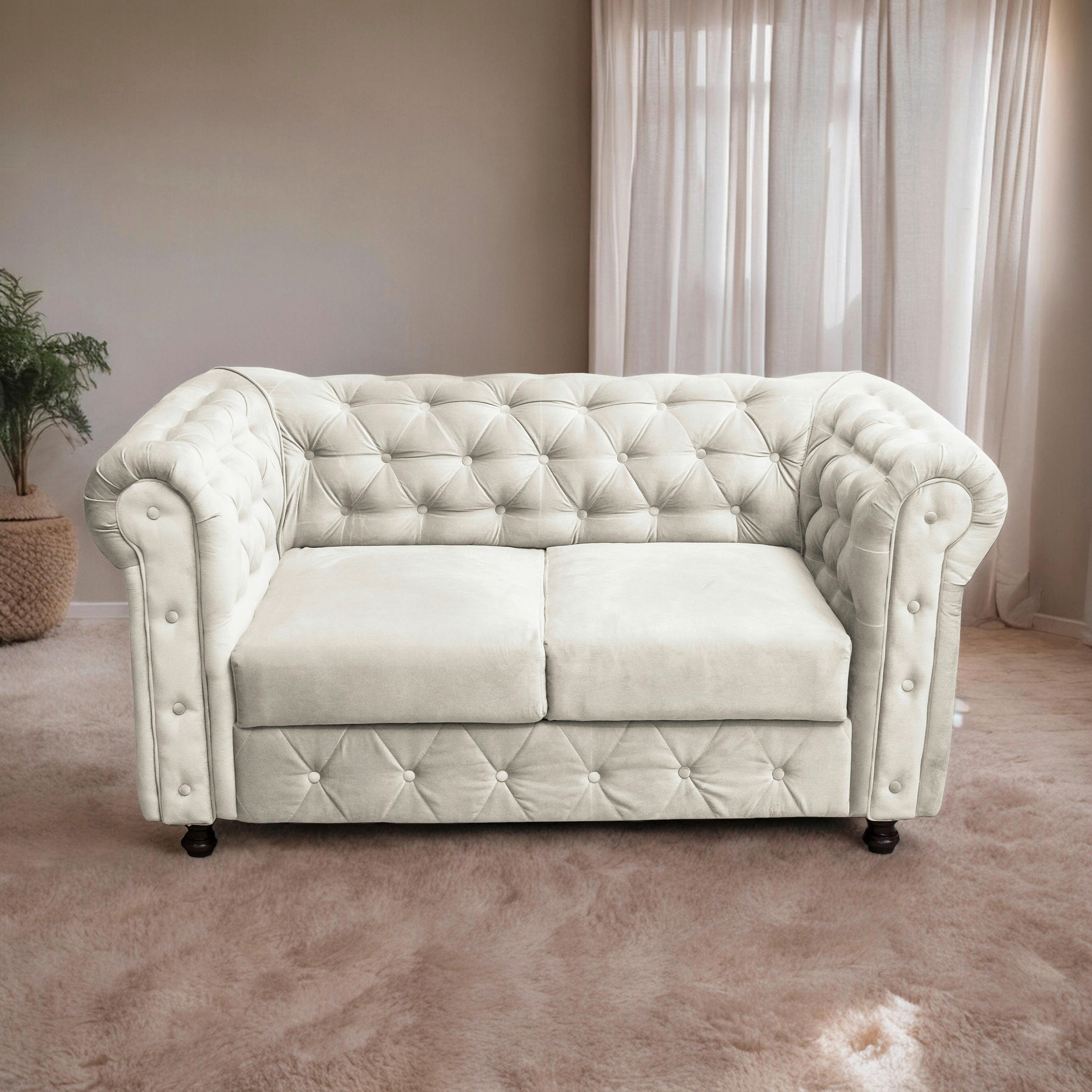 CHESTERFIELD-SOFA in Samt Creme  - Wengefarben/Creme, Basics, Holz/Textil (168/80/90cm) - P & B