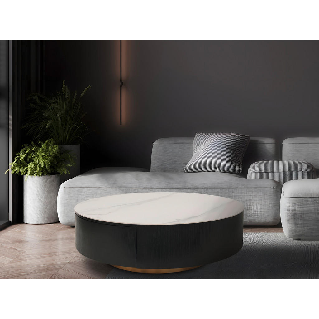 Thumbnail - Modante Couchtisch, Schwarz, Weiß, Metall, Stein, Holzwerkstoff, Marmoroptik, 1 Schubladen, rund, Sockel, 90x36x90 cm, W...