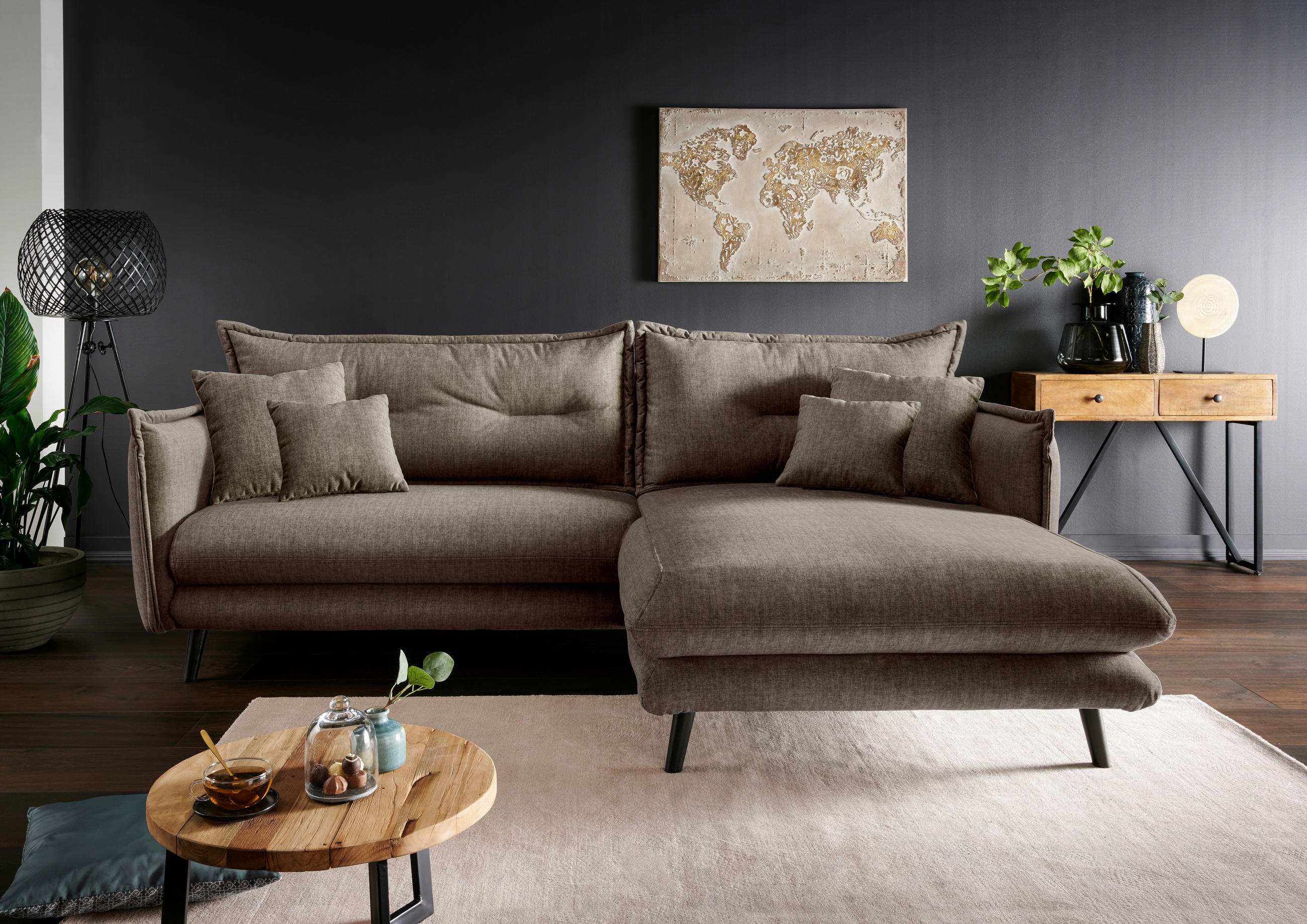 ECKSOFA Braun Velours  - Schwarz/Braun, MODERN, Holz/Textil (255/180cm) - Livetastic