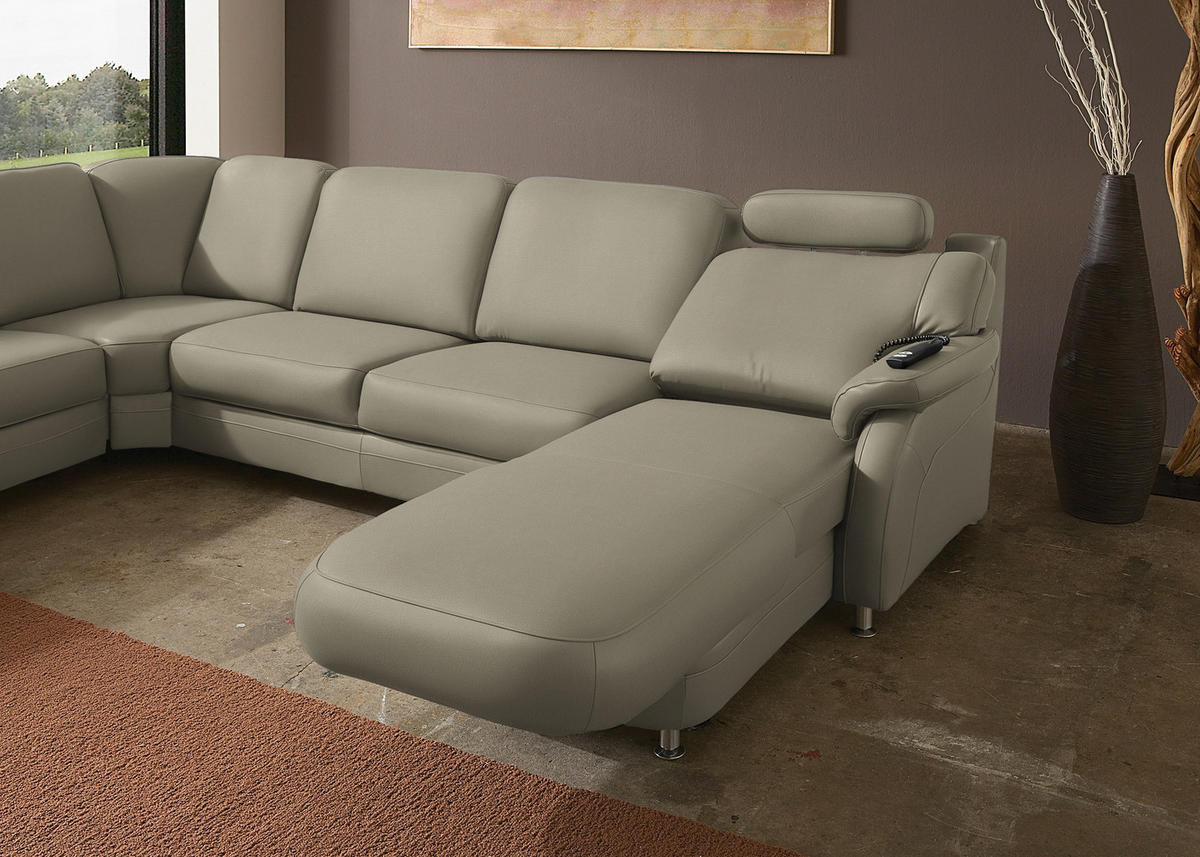 WOHNLANDSCHAFT Echtleder Ecru  - Ecru/Alufarben, Konventionell, Leder/Metall (239/329/165cm) - Beldomo Premium