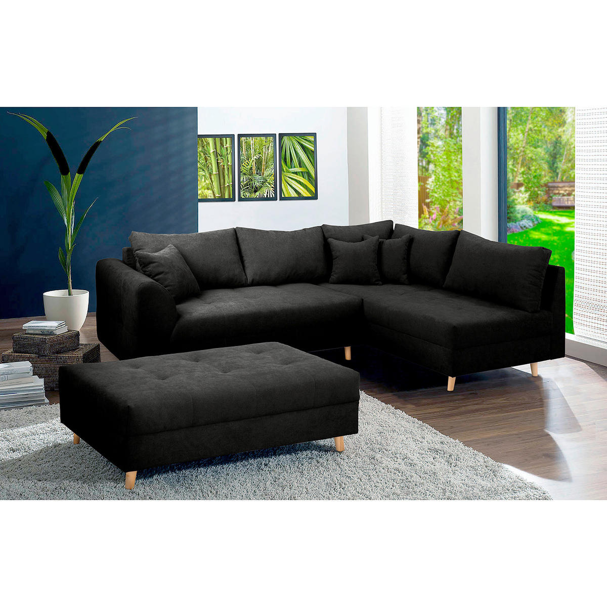ECKSOFA inkl. Hocker Ariella in Mikrofaser Schwarz  161/231 cm  - Schwarz/Naturfarben, Design, Holz/Textil (161/231cm) - Livetastic