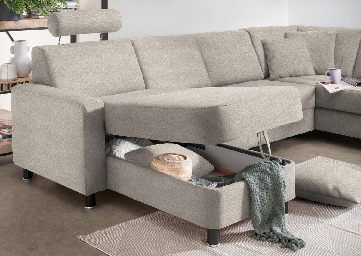 WOHNLANDSCHAFT in Webstoff Beige  - Beige/Schwarz, Design, Holz/Textil (165/296/198cm) - Xora