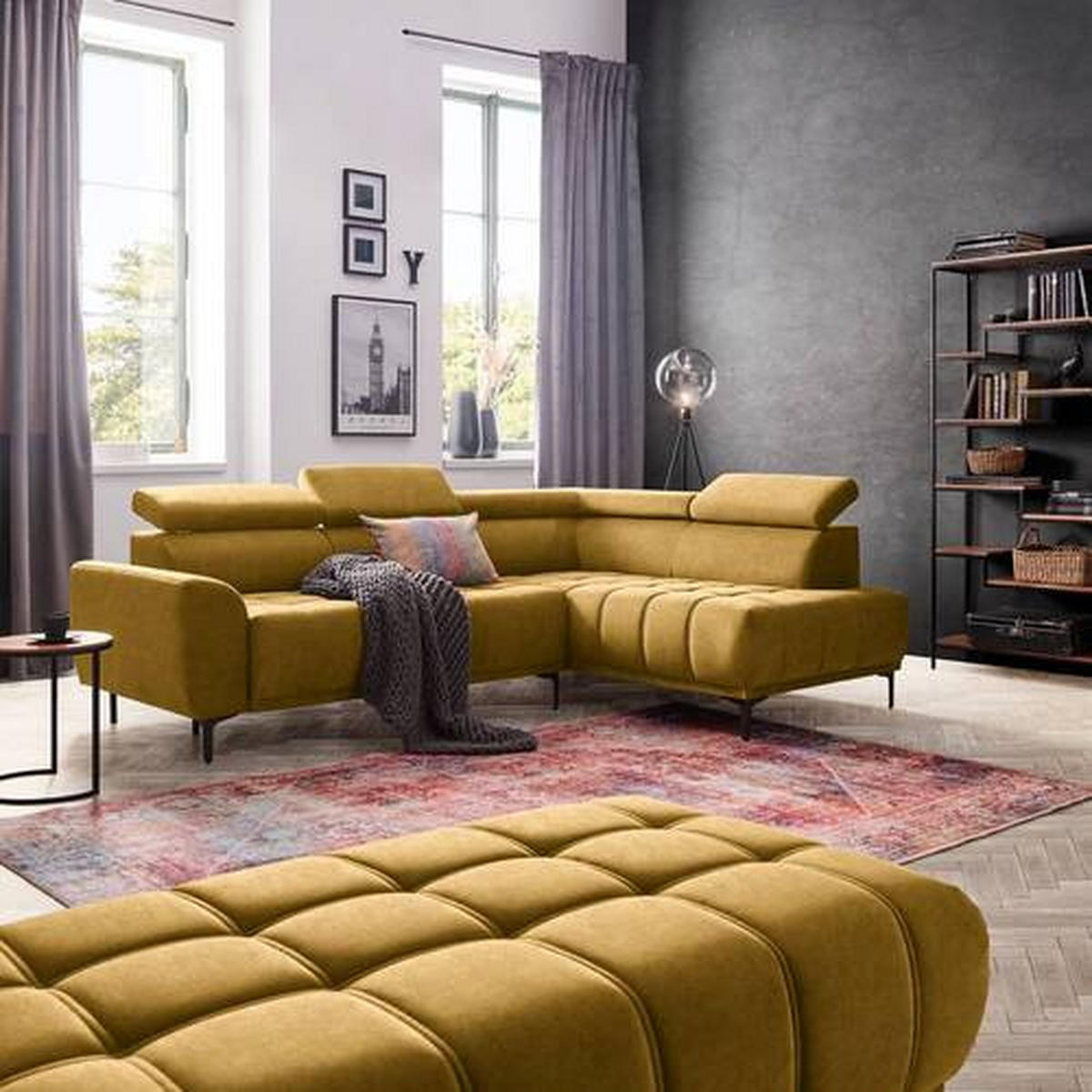 ECKSOFA in Velours Gelb, Goldfarben  - Gelb/Goldfarben, Design, Textil/Metall (261/191cm) - Stylife