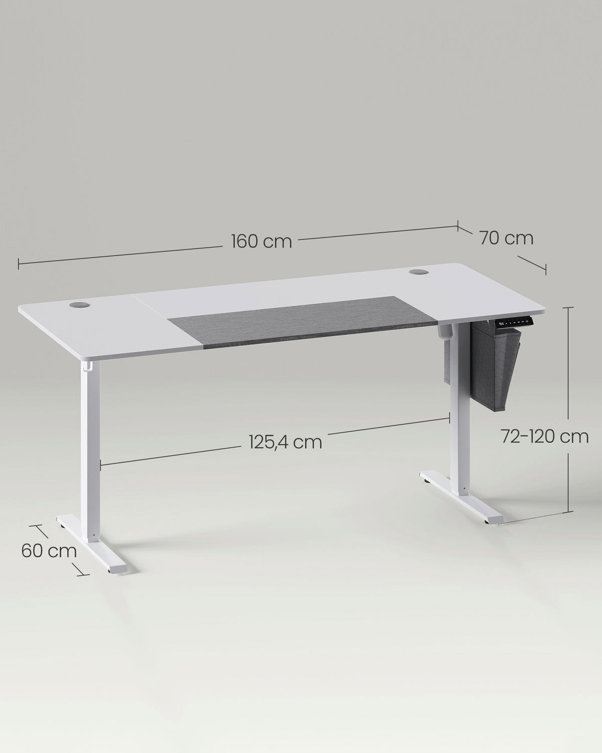 COMPUTERTISCH 160/70/72-120 cm Grau, Weiß elektrisch höhenverstellbar  - Weiß/Grau, Basics, Holzwerkstoff/Textil (160/70/72-120cm) - Boxxx