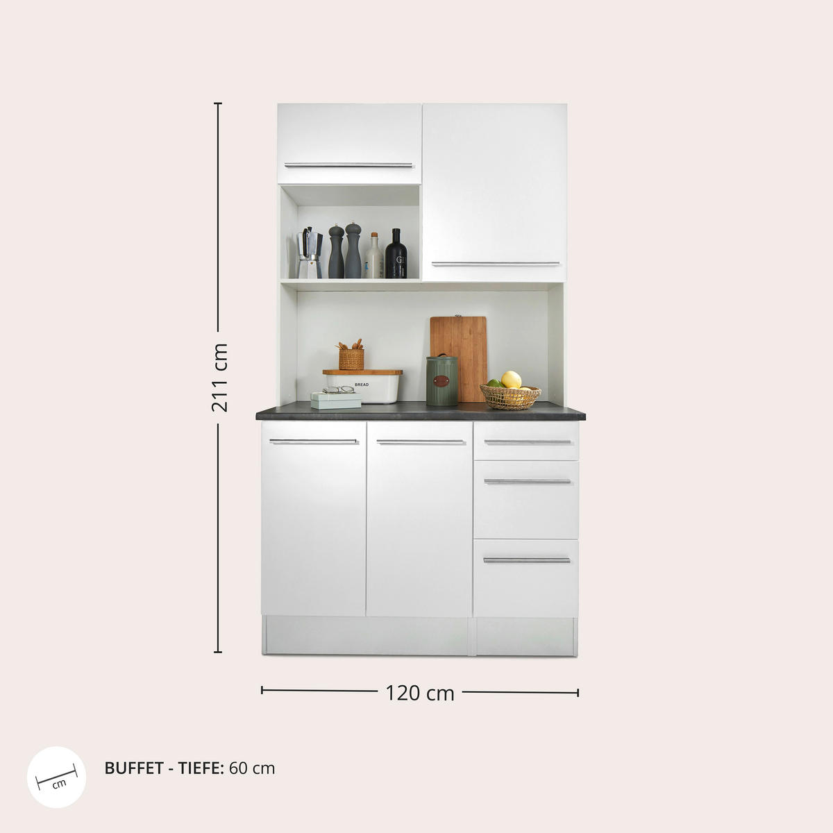 BUFFET 120/211/60 cm  in Weiß Hochglanz  - Weiß Hochglanz/Silberfarben, LIFESTYLE, Holzwerkstoff/Kunststoff (120/211/60cm) - MID.YOU
