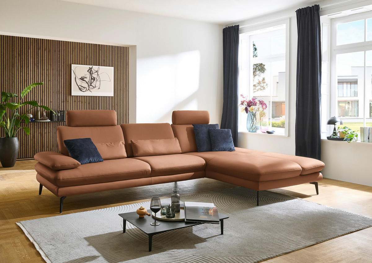 ECKSOFA in Echtleder Hellbraun  - Hellbraun/Schwarz, Design, Leder/Metall (308/195cm) - Dieter Knoll