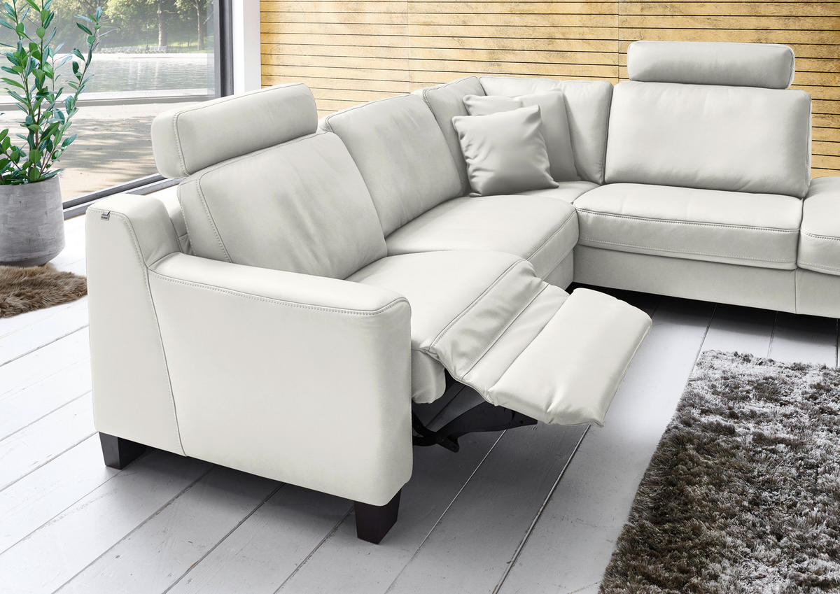 ECKSOFA in Echtleder Ecru  - Ecru/Eichefarben, Design, Leder/Holz (259/235cm) - Valdera