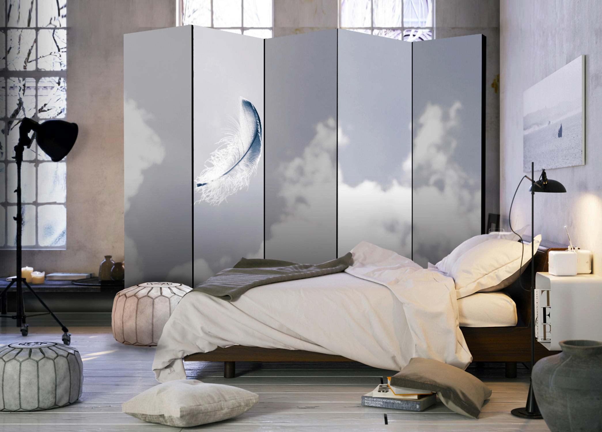 Thumbnail - artgeist Paravent, Grau, Weiß, Holz, Kunststoff, Textil, Kiefer, massiv, Federn, 225x172x3 cm, Motiv auf Vorder- und Rüc...