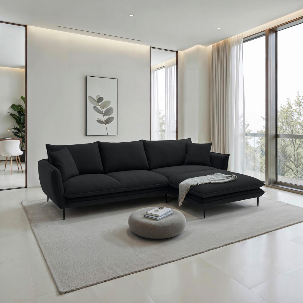 Thumbnail - Hom`in Ecksofa, Schwarz, Textil, 5-Sitzer, Füllung: Polyetherschaumkern, Silikon,Silikon, Ottomane rechts, L-Form, 304x1...