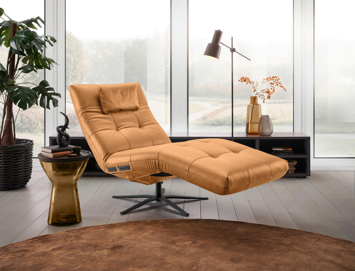 RELAXLIEGE in Echtleder Cognac  - Cognac/Schwarz, MODERN, Leder/Metall (82/53-115/156-206cm) - Pure Home Comfort
