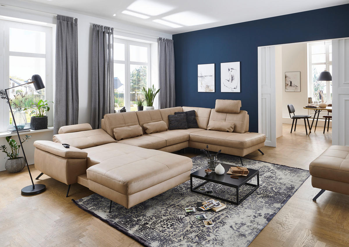 WOHNLANDSCHAFT in Lederlook, Mikrofaser Hellbraun, Haselnussfarben  - Hellbraun/Schwarz, Design, Textil/Metall (345/220cm) - Beldomo System
