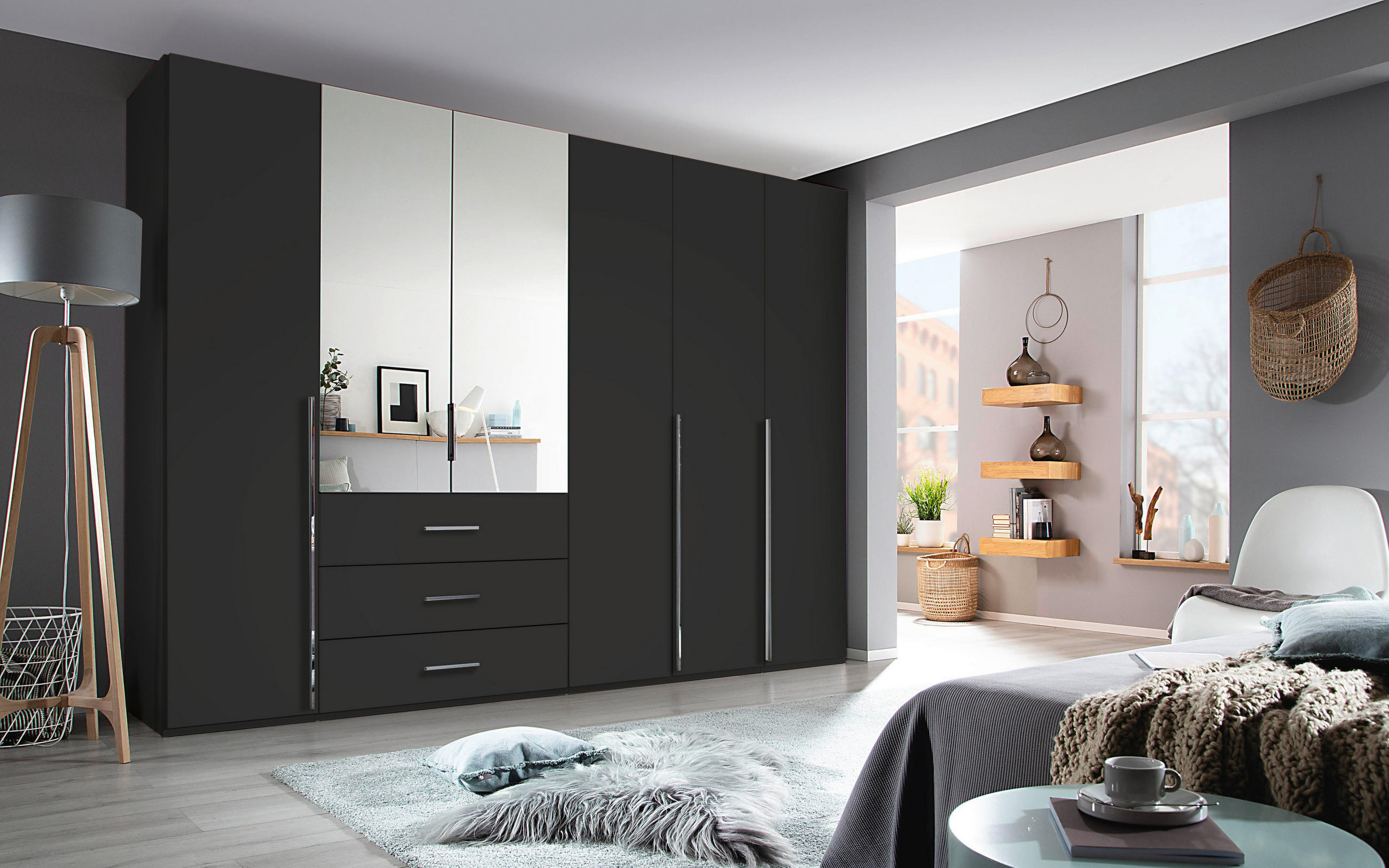 DREHTÜRENSCHRANK 301/223/60 cm,  in Schwarz, 6-türig  - Chromfarben/Schwarz, Design, Glas/Holzwerkstoff (301/223/60cm) - home24