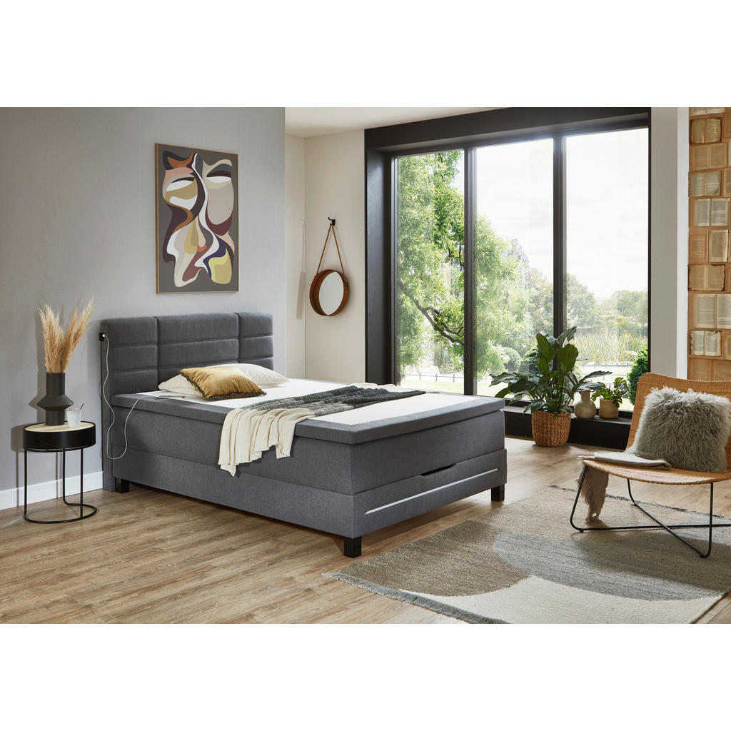 Thumbnail - Boxxx Boxspringbett, Grau, Textil, H3, Höhe ca. 24 cm, 140x200 cm, Oeko-Tex® Standard 100, Topper durchgehend, Schlafzim...