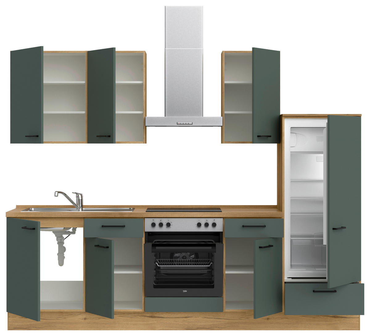 KÜCHENBLOCK Easytouch 270 cm  in Eichefarben, Dunkelgrün  - Dunkelgrün/Eichefarben, MODERN, Holzwerkstoff/Metall (270cm) - Nobilia