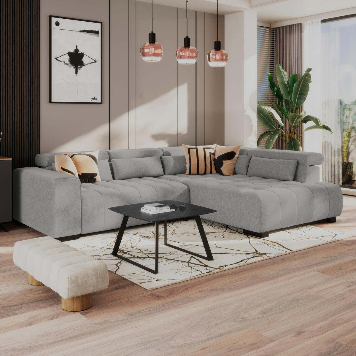 ECKSOFA MATERA Dunkelgrau Chenille, Struktur Nierenkissen, Kopfteilverstellung, Sitzvorzug  - Dunkelgrau/Schwarz, Trend, Holz/Textil (311/226cm) - MID.YOU