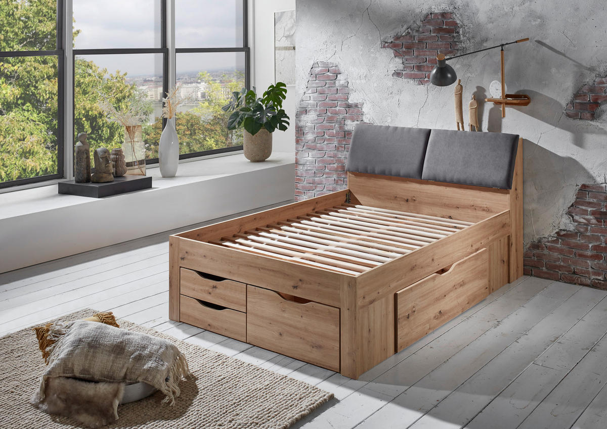 POSTELJA S PREDALOM 140 cm   x 200 cm  , hrast artisan  - siva/hrast artisan, Konvencionalno, leseni material/tekstil (237,5/145,6/103,8cm) - Carryhome