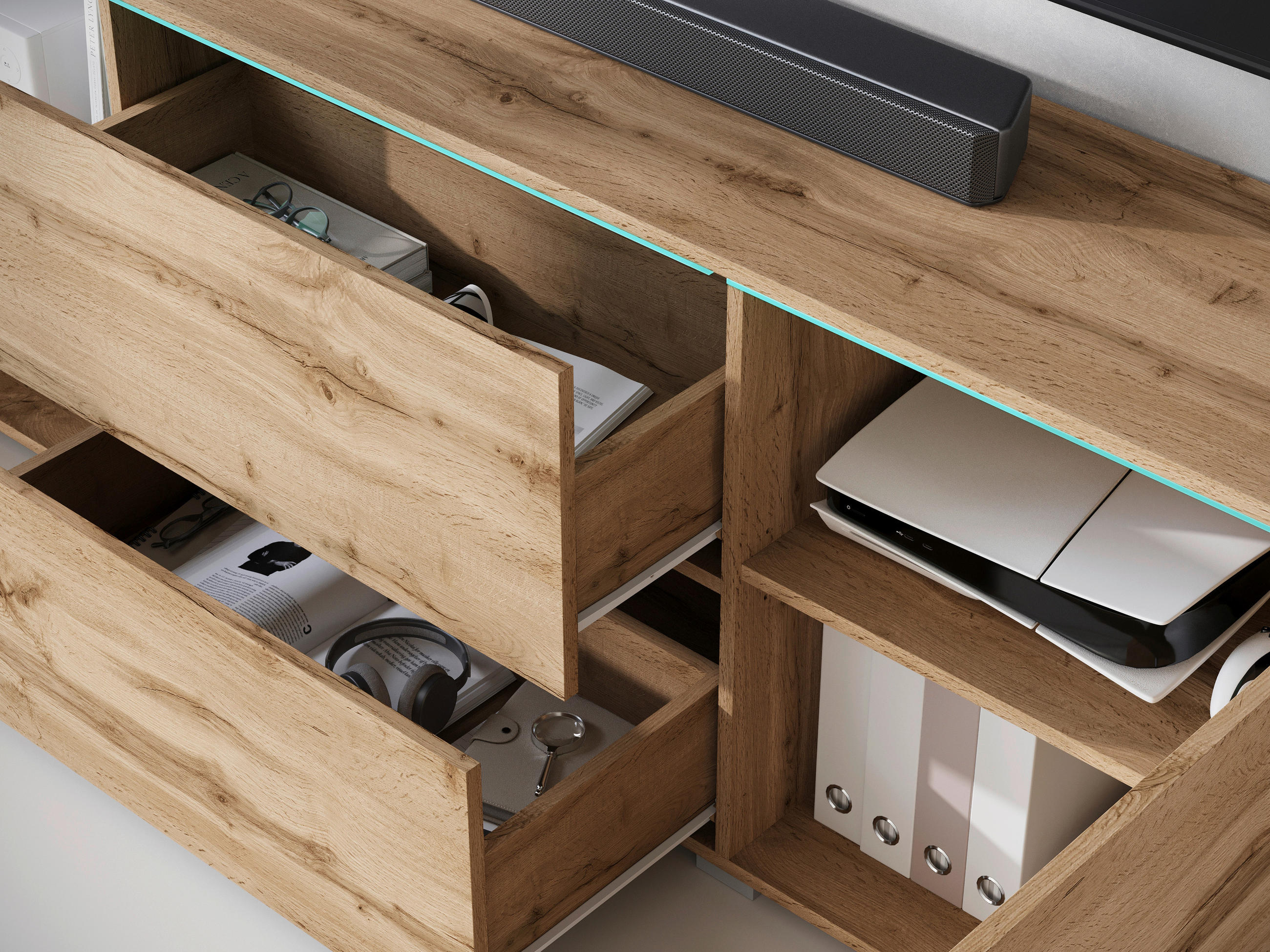 Thumbnail - P & B Lowboard Vera, Eiche Wotan, Holzwerkstoff, 4 Fächer, 2 Schubladen, 180x61.8x34.5 cm, Fsc, stehend, Beleuchtung, Wo...