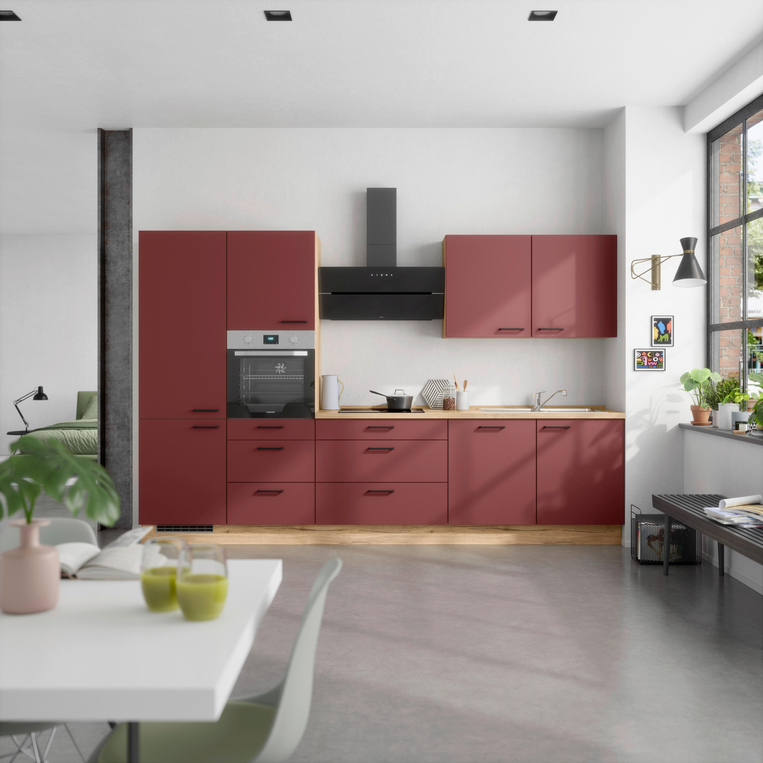 KÜCHENBLOCK Easytouch 330 cm  in Eichefarben, Dunkelrot  - Eichefarben/Schwarz, MODERN, Holzwerkstoff/Metall (330cm) - Nobilia