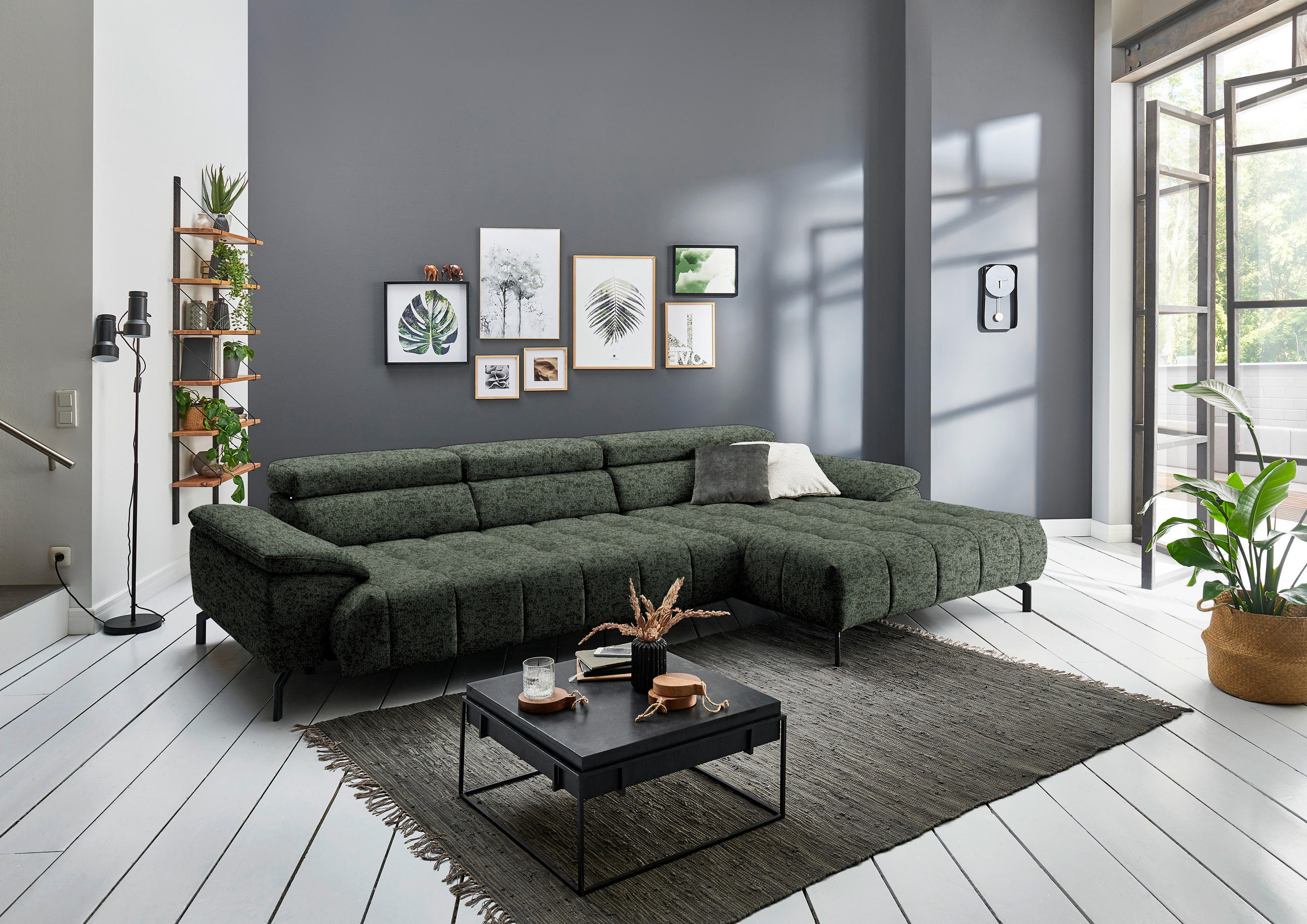ECKSOFA in Chenille Grün  329/190 cm  - Schwarz/Grün, Design, Textil/Metall (329/190cm) - Beldomo Style