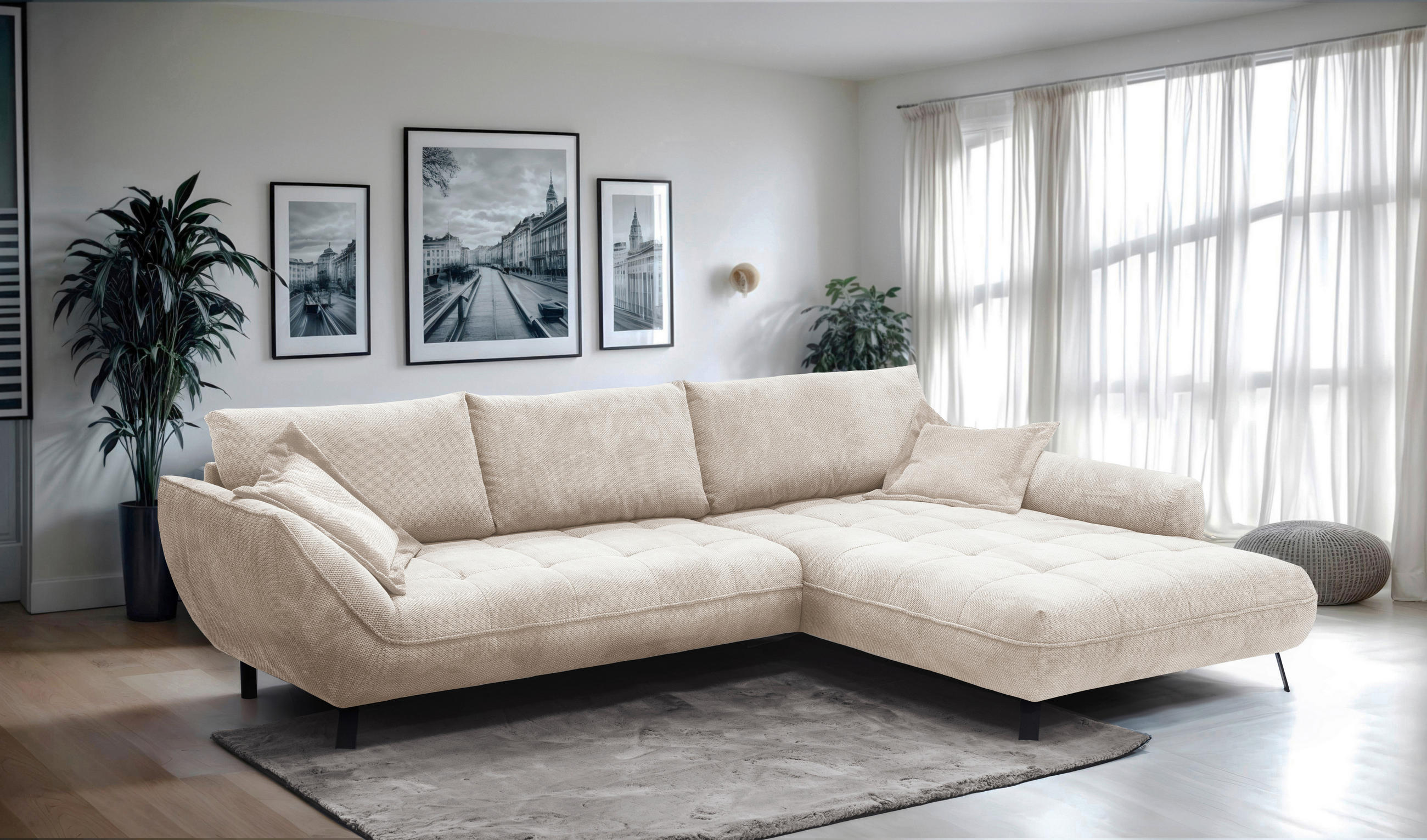 ECKSOFA BIARRITZ Beige Struktur  - Beige/Schwarz, Design, Textil/Metall (324/205cm) - Livetastic