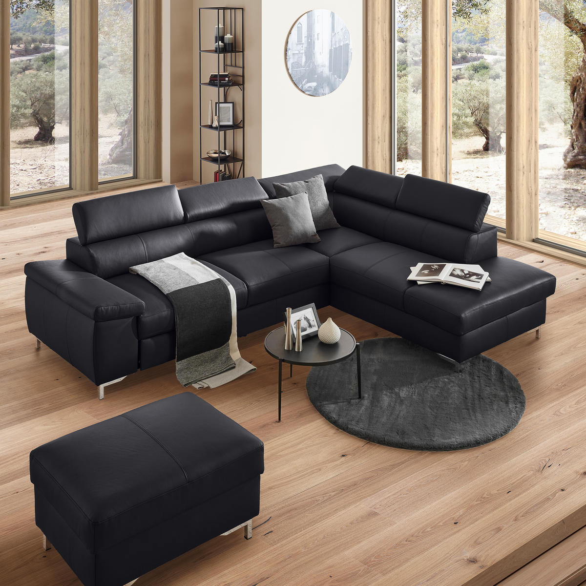 ECKSOFA in Echtleder Schwarz  268/213 cm  - Chromfarben/Schwarz, Design, Leder/Metall (268/213cm) - Stylife