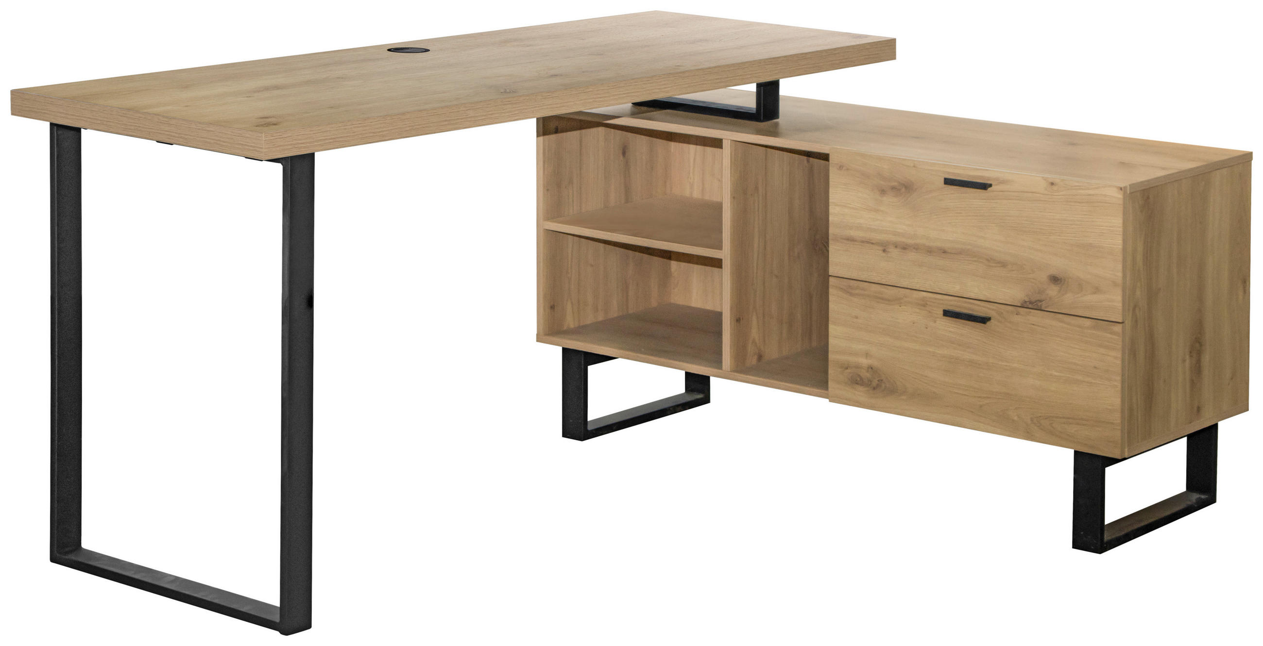 HÖRNSKRIVBORD 150/120/75 cm svart, ekfärgad kabelgenomföring, förvaringsutrymme  - svart/ekfärgad, Klassisk, metall/trämaterial (150/120/75cm) - Carryhome