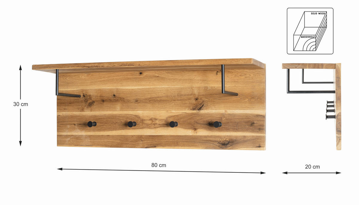 WANDGARDEROBE  in Eiche massiv Schwarz, Eichefarben  - Eichefarben/Schwarz, Basics, Holz/Metall (80/30/20cm)