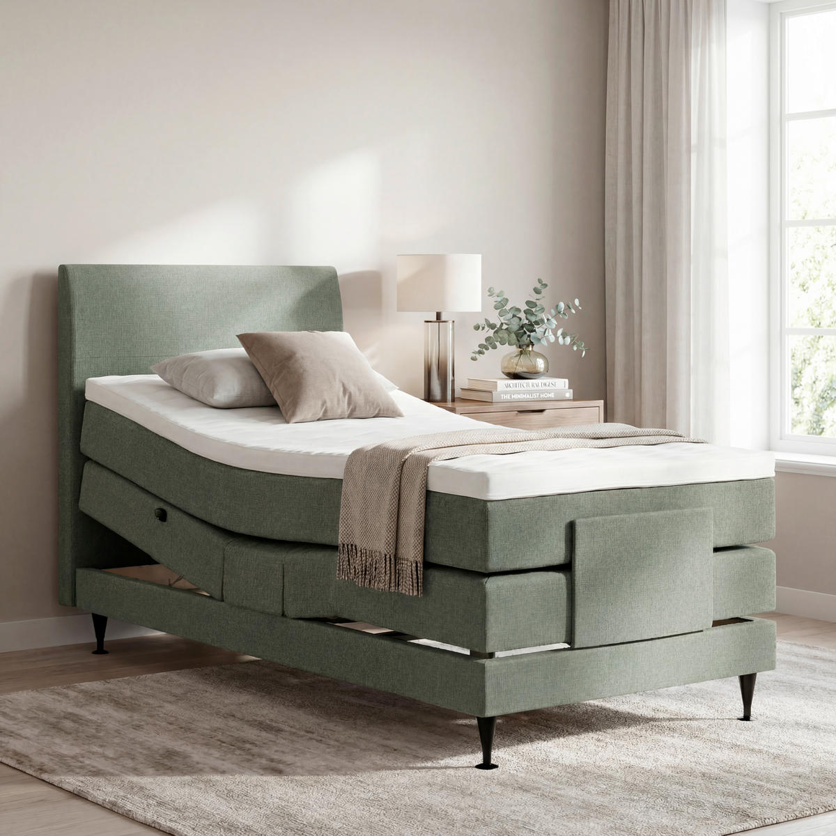 BOXSPRINGBETT 100/200 cm,  in Graugrün, Matratze, Topper, motorische Verstellbarkeit, Fernbedienung, H5 = hart  - Schwarz/Graugrün, KONVENTIONELL, Holzwerkstoff/Textil (100/200cm) - Welnova
