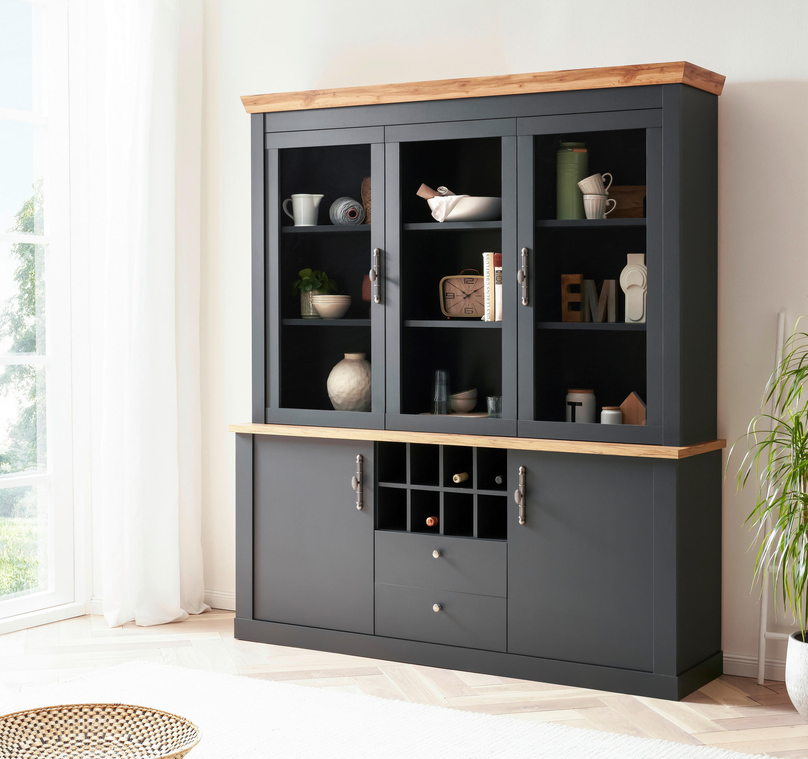 WOHNWAND 2-teilig in Anthrazit, Eiche Wotan - Anthrazit/Silberfarben, Design, Holzwerkstoff/Metall - MID.YOU