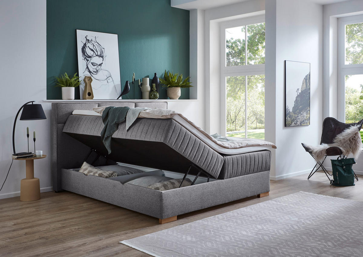 BOXSPRINGBETT 180/200 cm,  in Grau, Bettkasten, Topper, H3 = fest  - Eichefarben/Grau, KONVENTIONELL, Holz/Textil (180/200cm) - Boxxx