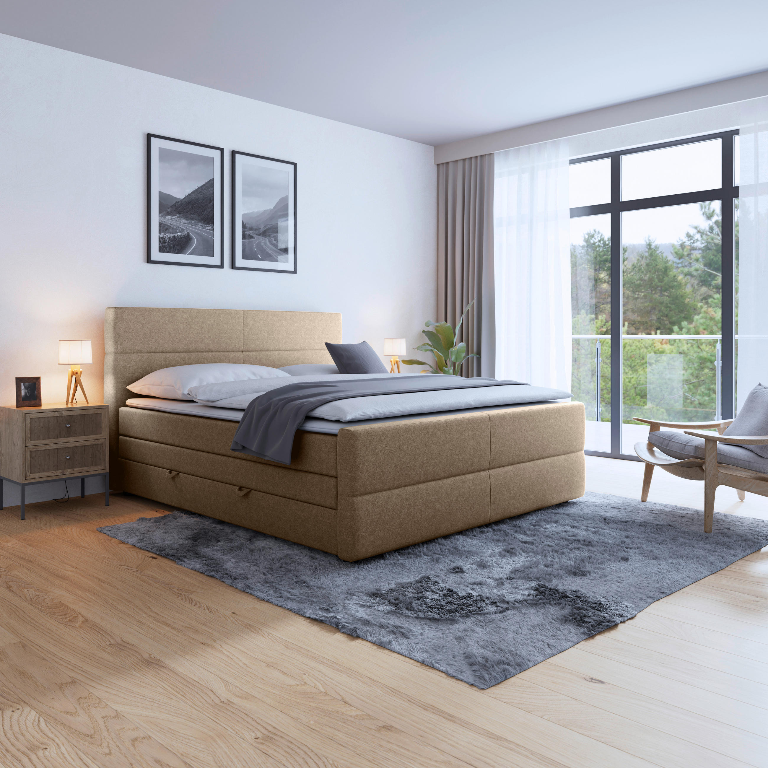 BOXSPRINGBETT 180/200 cm  in Beige  - Beige/Schwarz, MODERN, Holz/Kunststoff (180/200cm) - MID.YOU