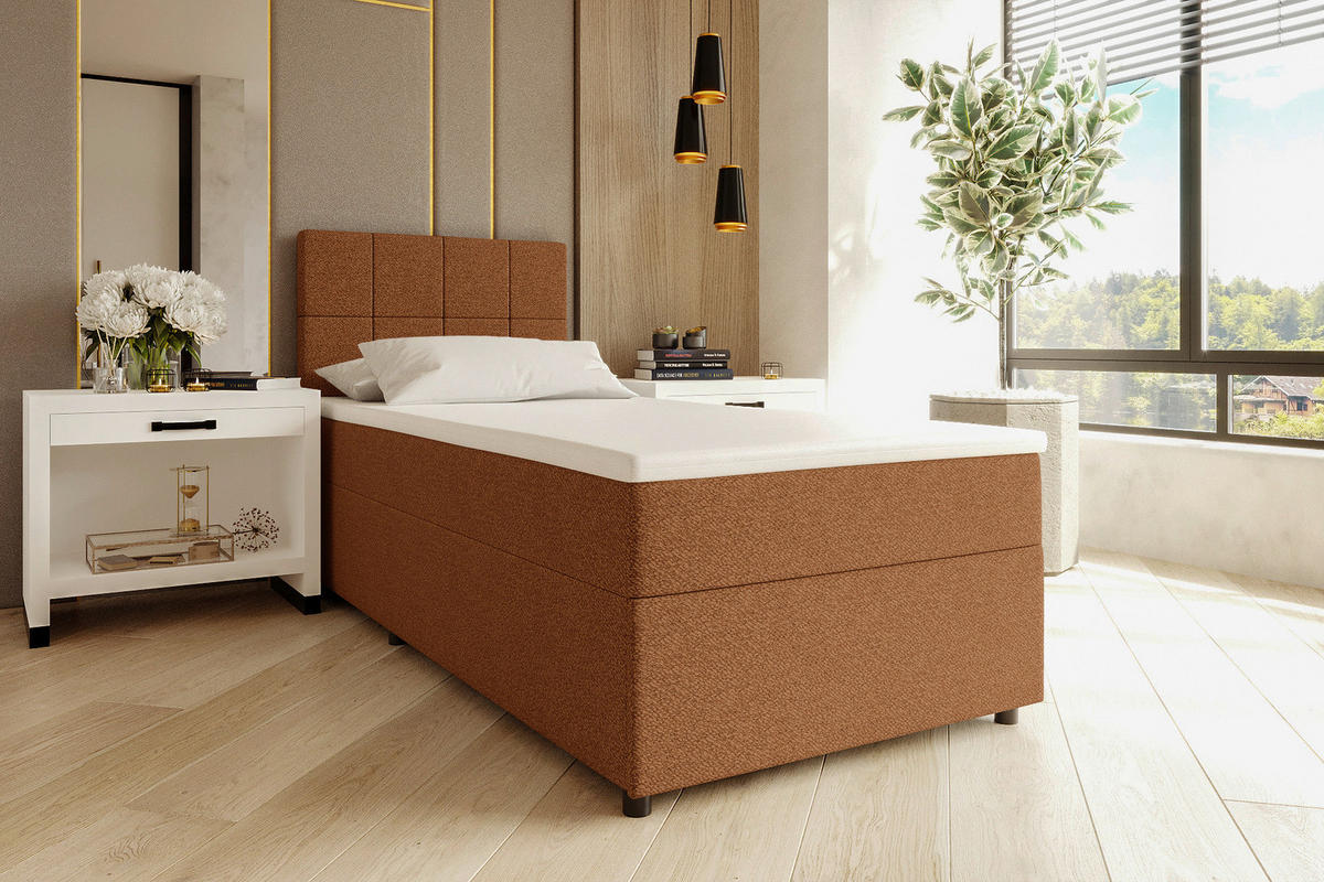 BOXBETT 90/200 cm,  in Rostfarben, Matratze, Topper, Bettschublade, H3 = fest  - Rostfarben/Schwarz, KONVENTIONELL, Kunststoff/Textil (90/200cm) - Boxxx