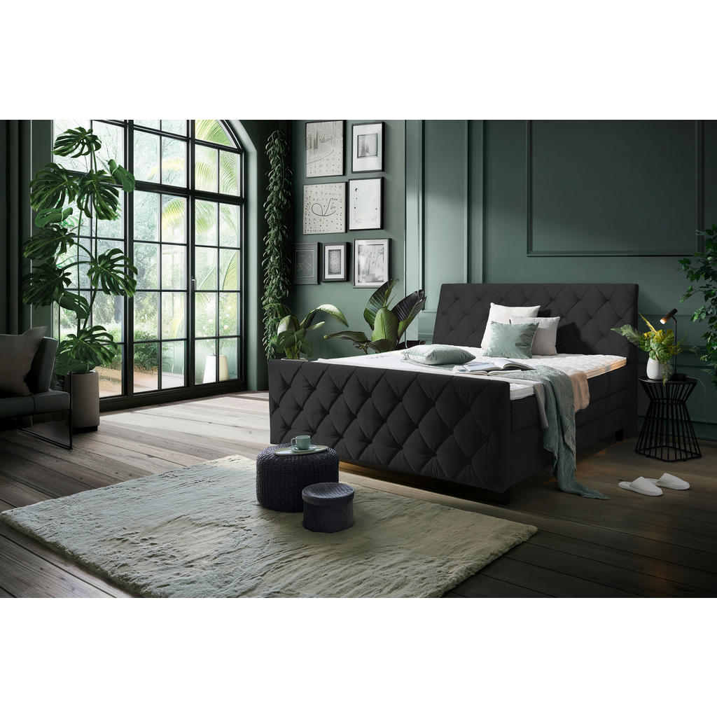 Thumbnail - Ti'me Boxspringbett, Schwarz, Textil, Esche, massiv, H2, Höhe ca. 18 cm, 160x200 cm, Topper durchgehend, in verschiedene...