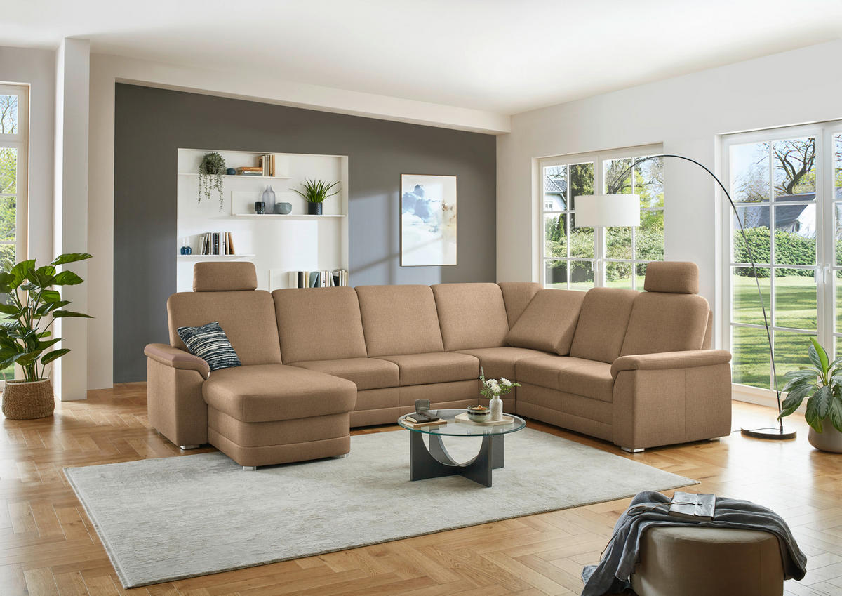 WOHNLANDSCHAFT  in Chenille Altrosa, Hellbraun  - Hellbraun/Alufarben, KONVENTIONELL, Holz/Textil (160/329/235cm) - Beldomo Comfort