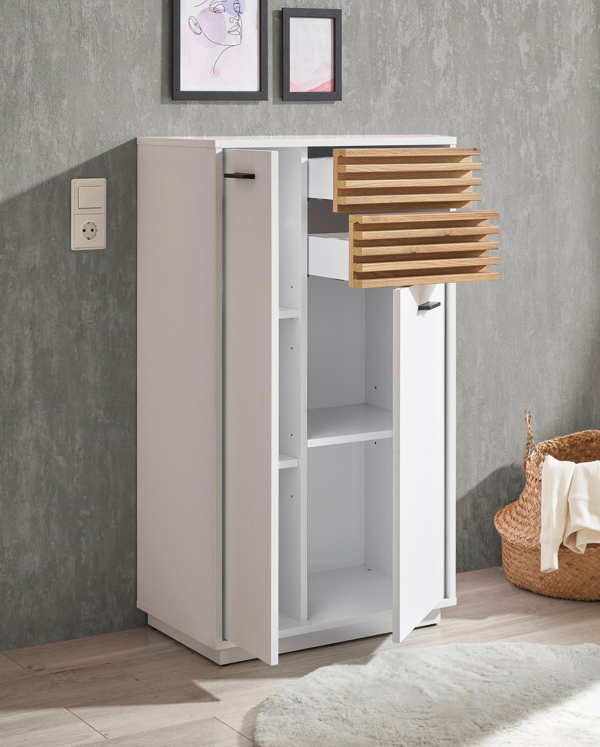MIDISCHRANK 60/106/35 cm  - Eichefarben/Schwarz, KONVENTIONELL, Holzwerkstoff/Kunststoff (60/106/35cm) - home24
