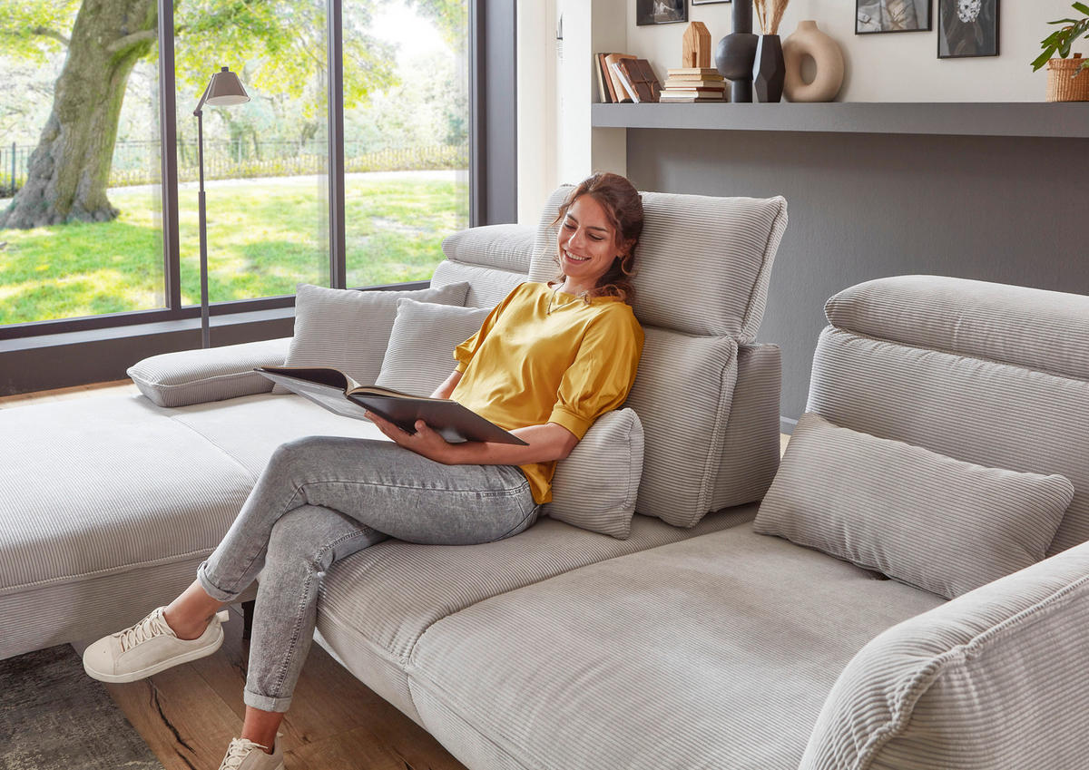 ECKSOFA Hellgrau Cord  - Hellgrau/Schwarz, Design, Textil/Metall (196/301cm) - Moderano