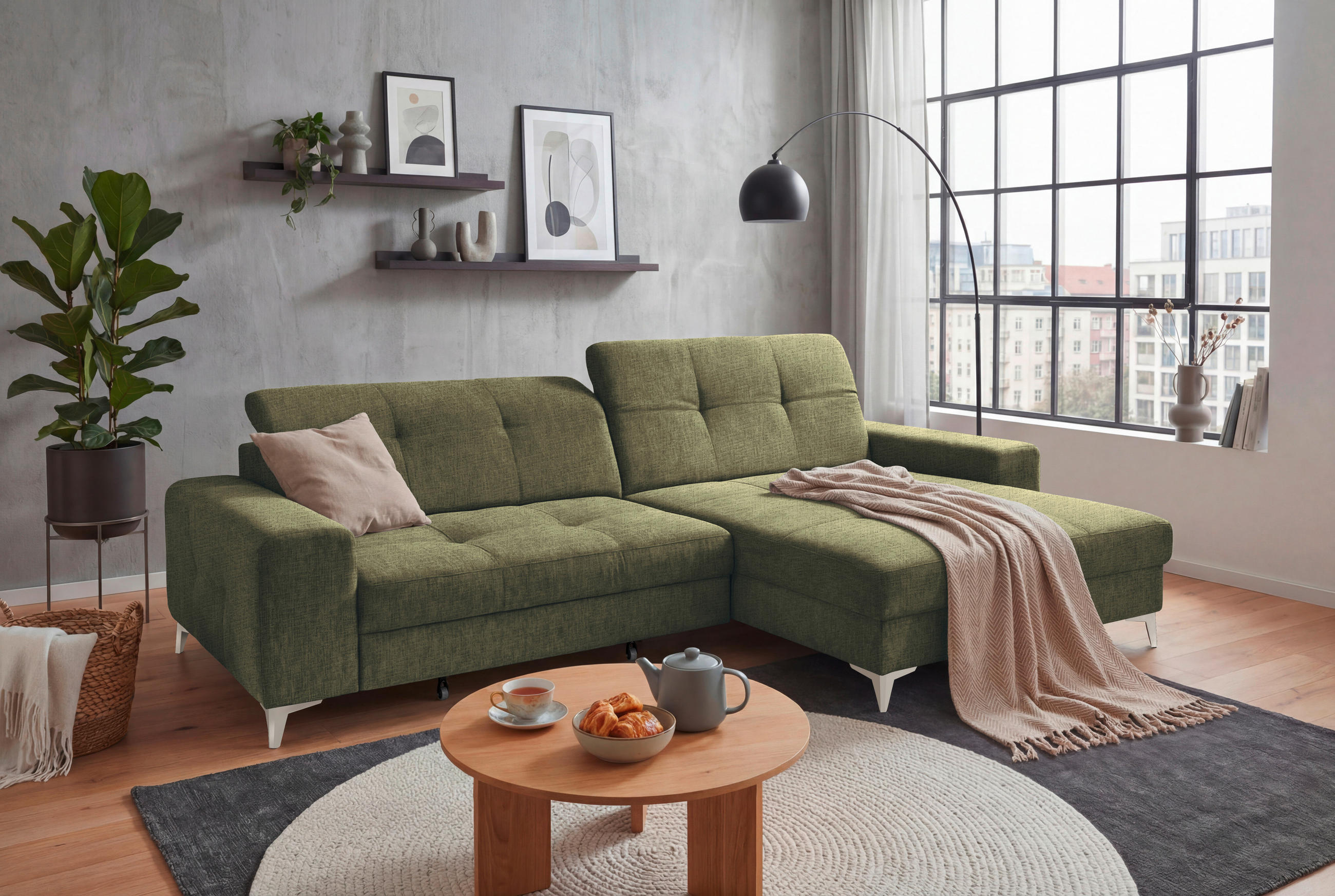 ECKSOFA SORELLA Dunkelgrün Chenille Kopfteilverstellung, Sitztiefenverstellung  - Kaschmir/Dunkelgrün, Design, Kunststoff/Textil (328/182cm) - MID.YOU