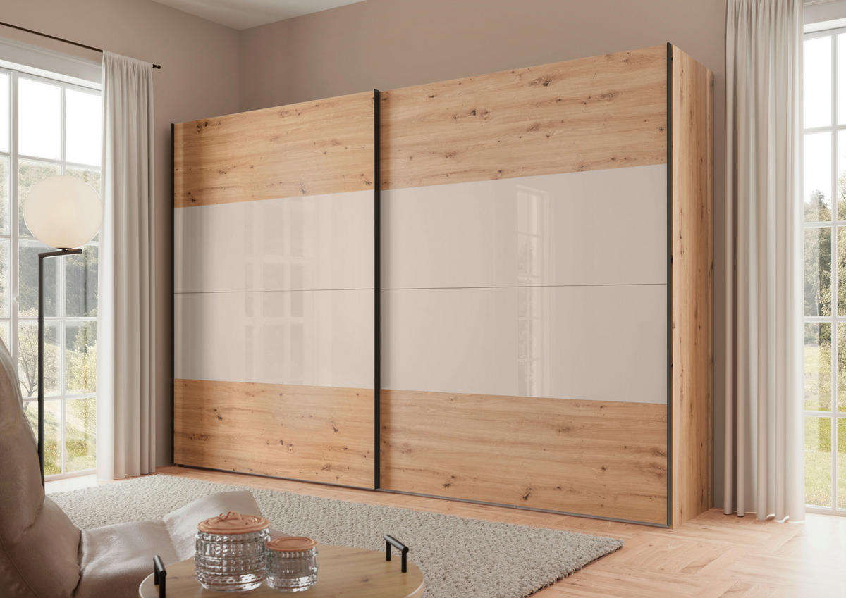 SCHWEBETÜRENSCHRANK 225/222/68 cm 2-türig Eiche Artisan, Elfenbein  - Elfenbein/Schwarz, Design, Glas/Holzwerkstoff (225/222/68cm) - Dieter Knoll