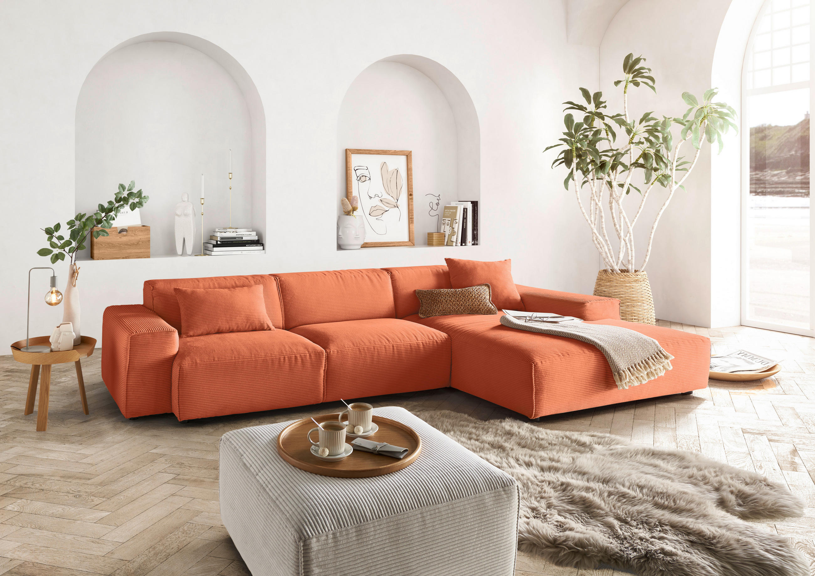 ECKSOFA 9125 Aprikose Cord  - Aprikose/Schwarz, Design, Kunststoff/Textil (300/189cm) - Pure Home Lifestyle