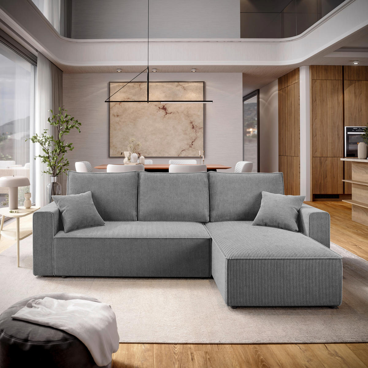 ECKSOFA Grau Cord  - Schwarz/Grau, KONVENTIONELL, Kunststoff/Textil (232/143cm) - Carryhome