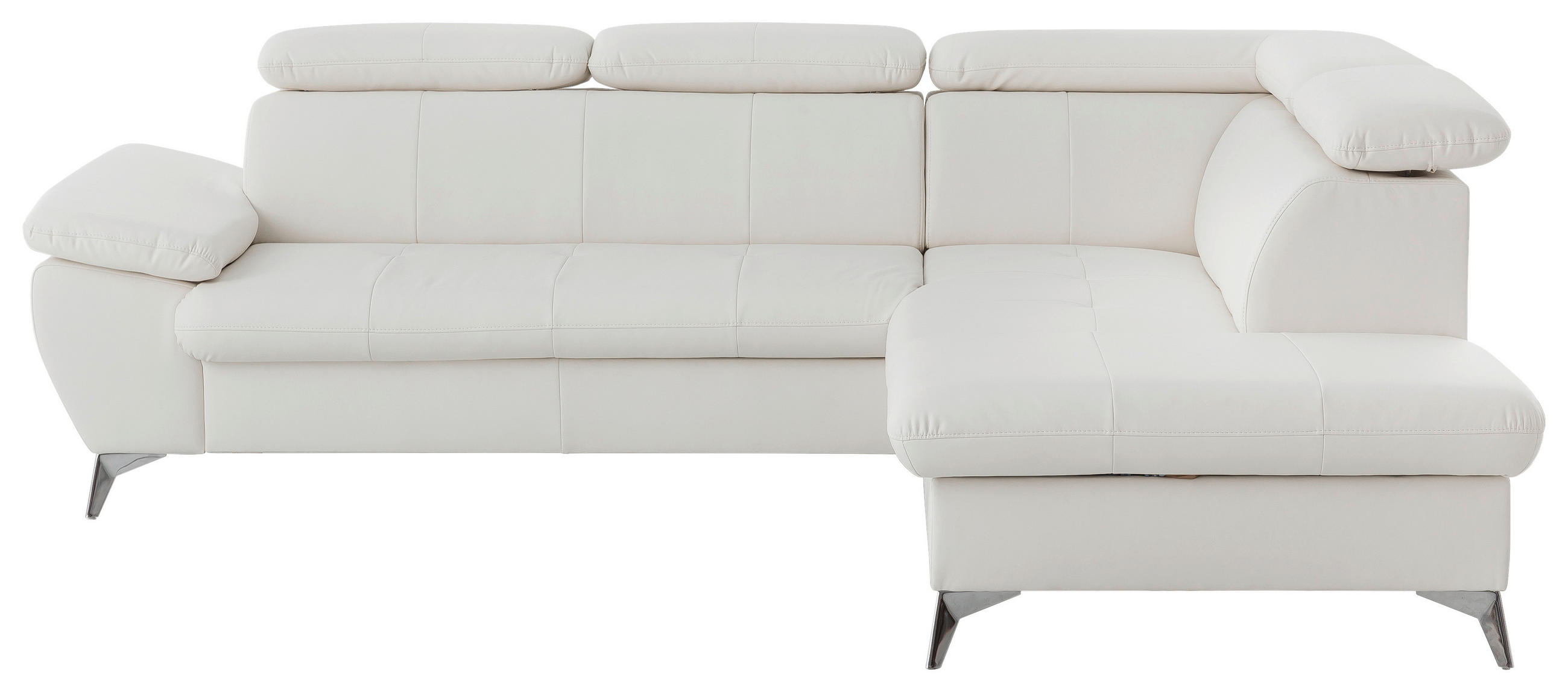 ECKSOFA Weiß Lederlook Bettkasten, Schlaffunktion, Armteilverstellung, Kopfteilverstellung  - Chromfarben/Weiß, KONVENTIONELL, Textil/Metall (256/209cm) - Livetastic